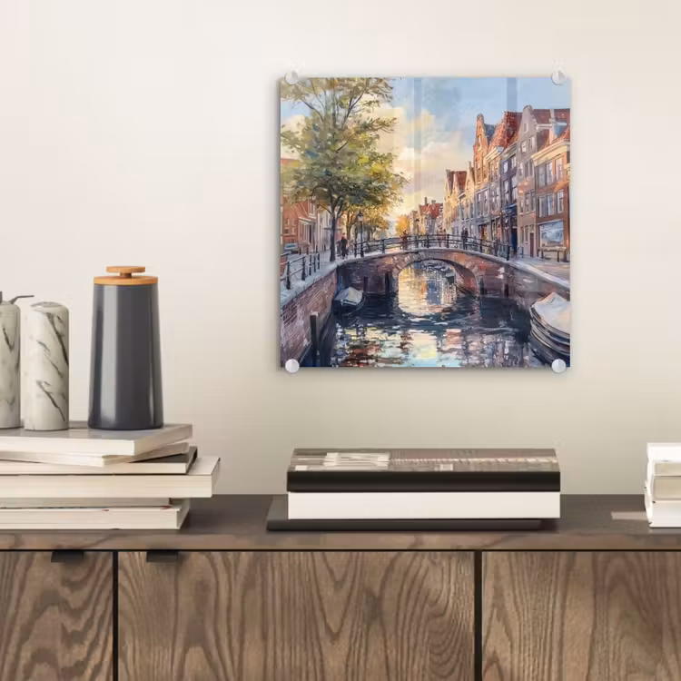Glas schilderij - Brug - Stad - Huizen - Boot — 2