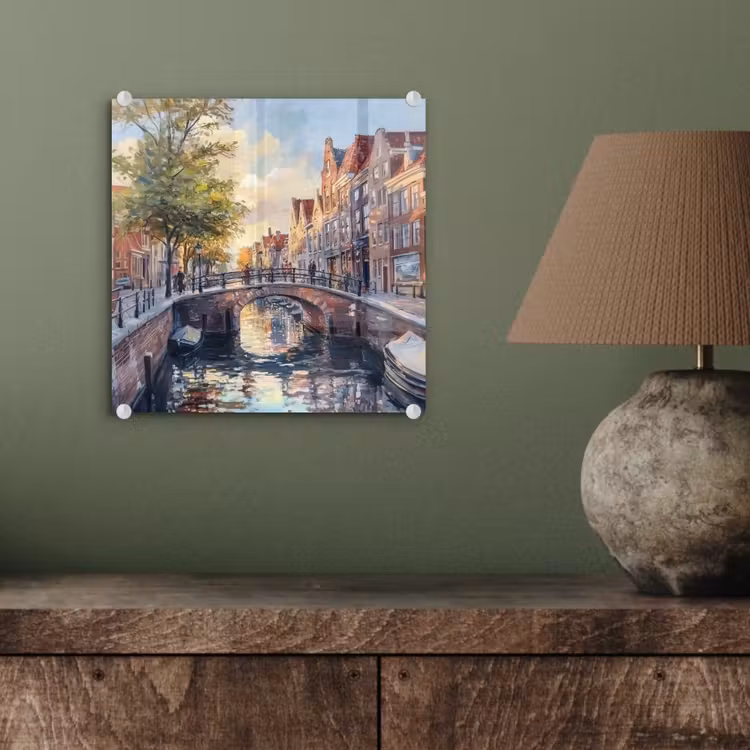Glas schilderij - Brug - Stad - Huizen - Boot — 4