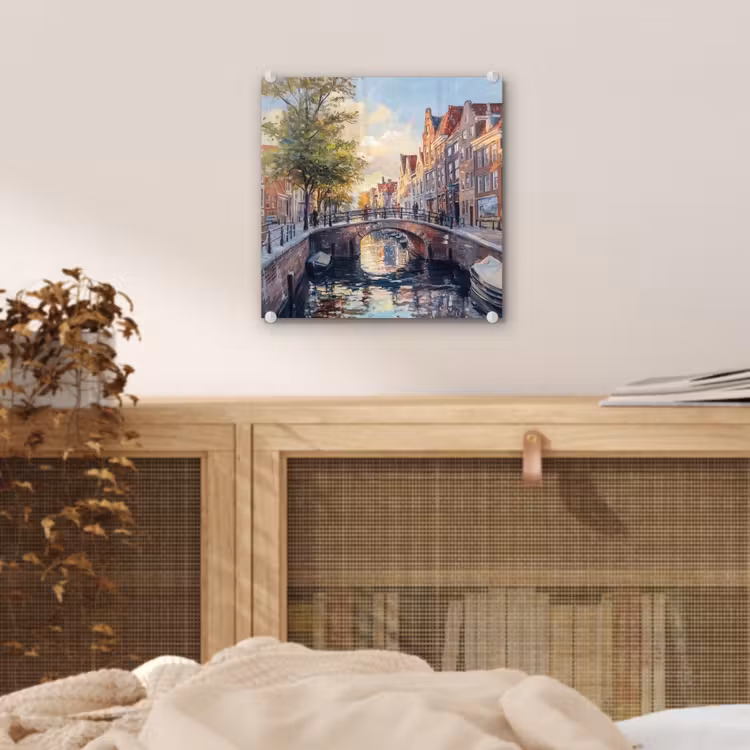Glas schilderij - Brug - Stad - Huizen - Boot — 5