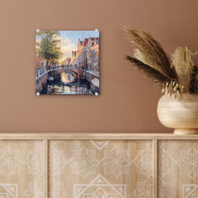 Glas schilderij - Brug - Stad - Huizen - Boot — 6