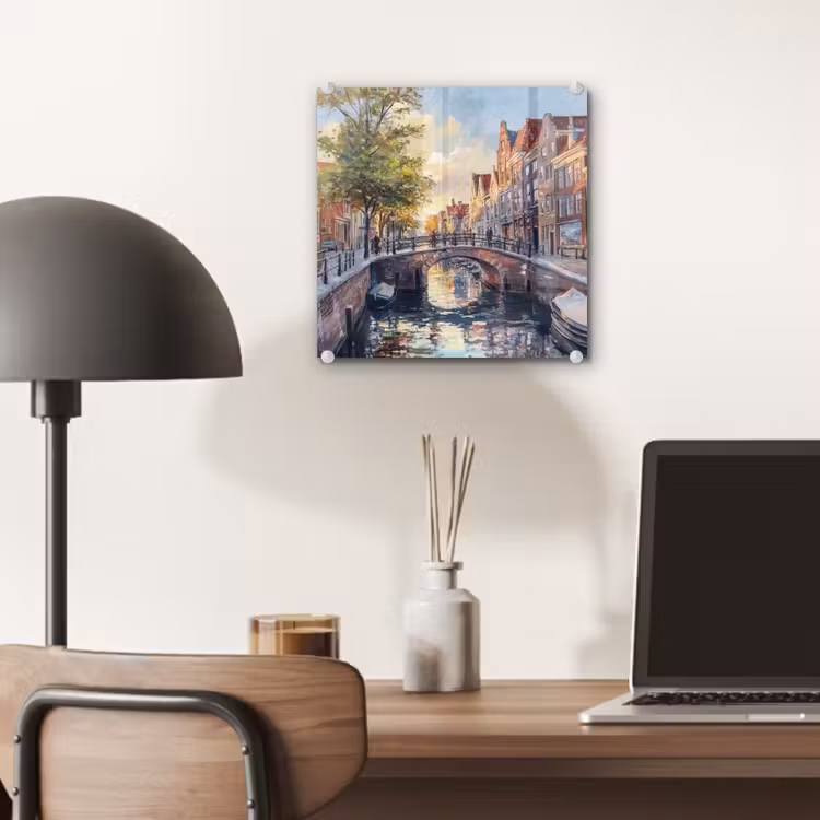 Glas schilderij - Brug - Stad - Huizen - Boot — 7