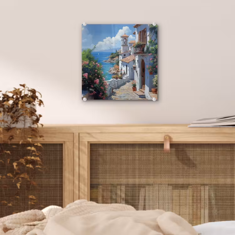 Glas schilderij - Huizen - Zee - Bomen - Bloemen — 5