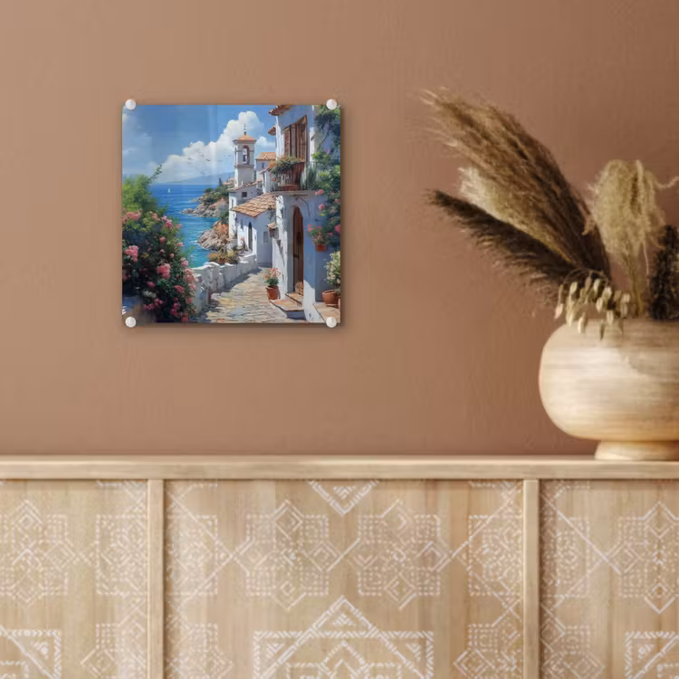 Glas schilderij - Huizen - Zee - Bomen - Bloemen — 6