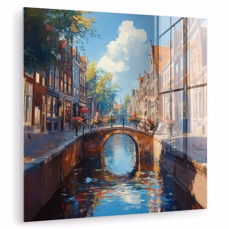 Glas schilderij - Stad - Gracht - Zon - Fietsen — 1