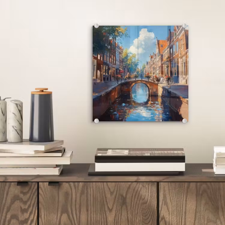Glas schilderij - Stad - Gracht - Zon - Fietsen — 2