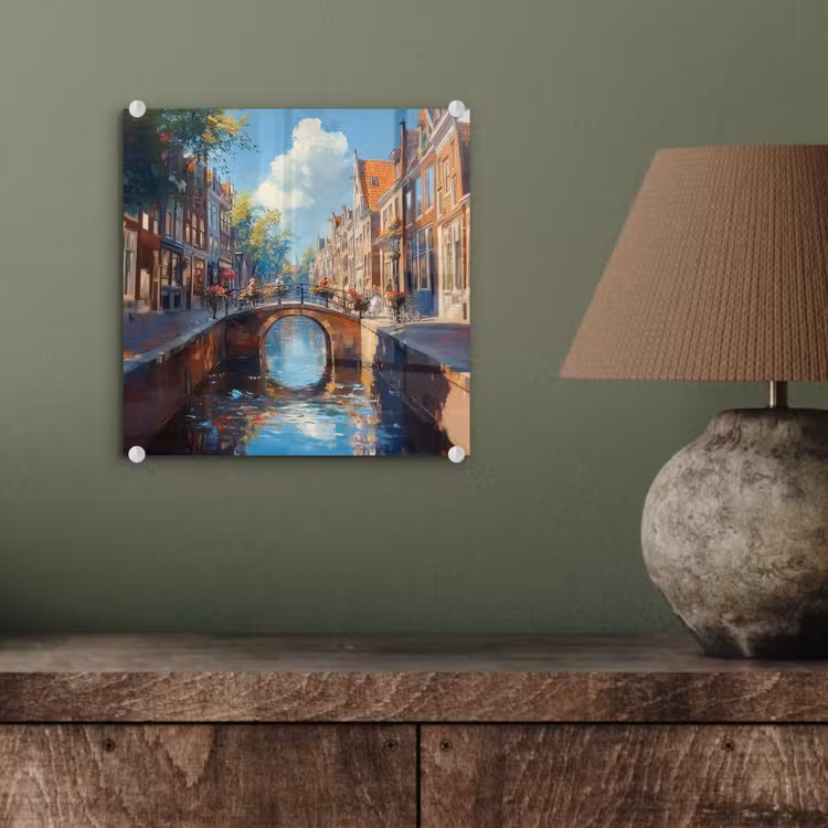 Glas schilderij - Stad - Gracht - Zon - Fietsen — 4