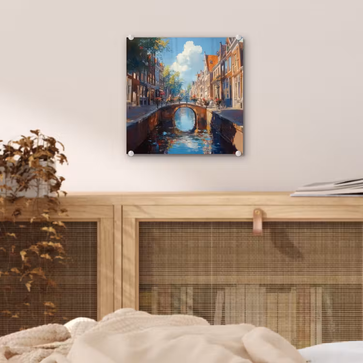Glas schilderij - Stad - Gracht - Zon - Fietsen — 5