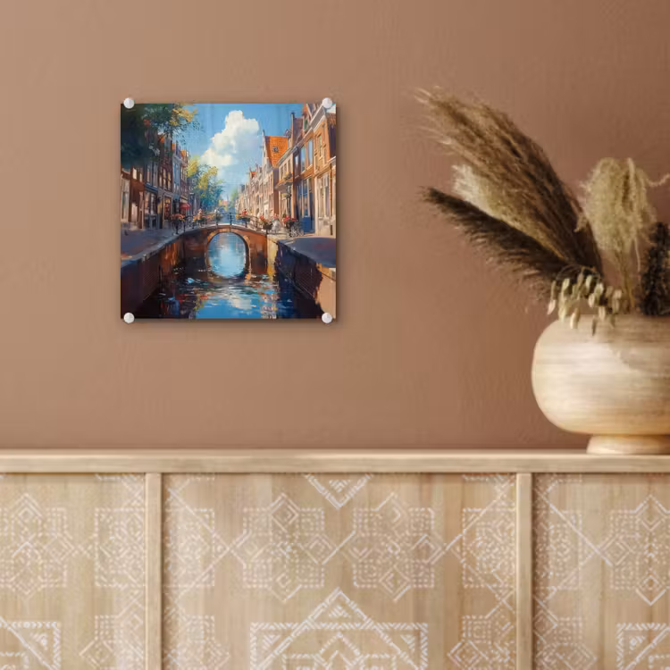 Glas schilderij - Stad - Gracht - Zon - Fietsen — 6