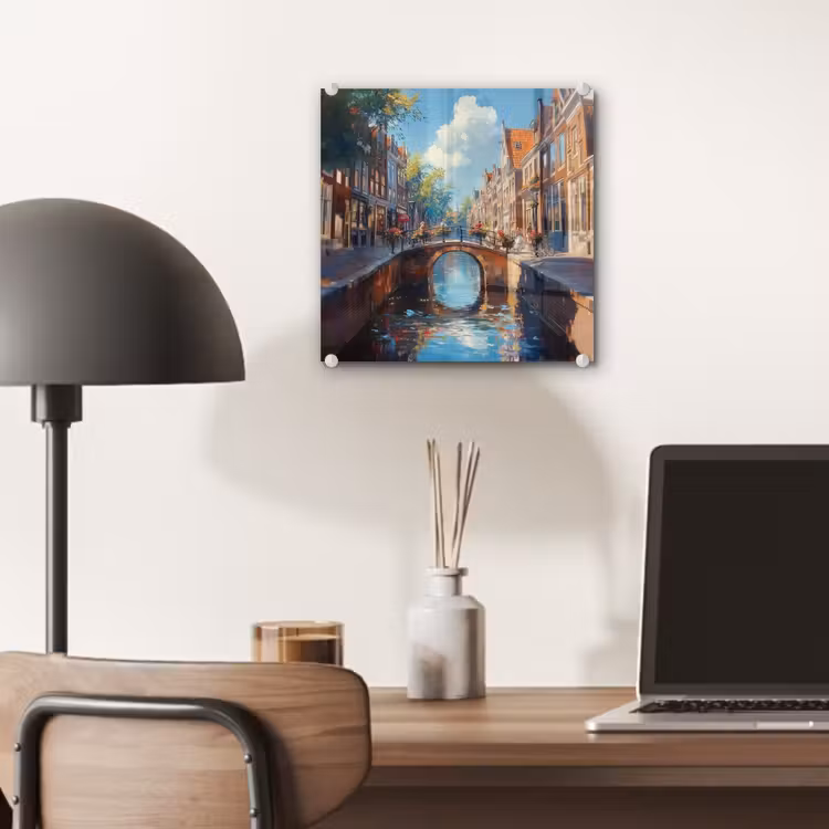 Glas schilderij - Stad - Gracht - Zon - Fietsen — 7