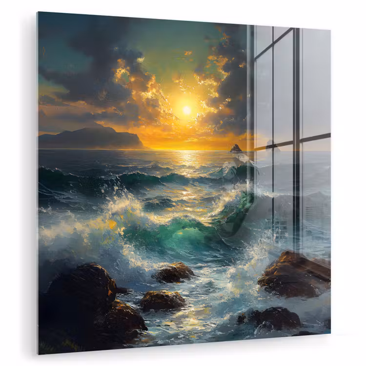 Glas schilderij - Zee - Zon - Golven - Rotsen — 1