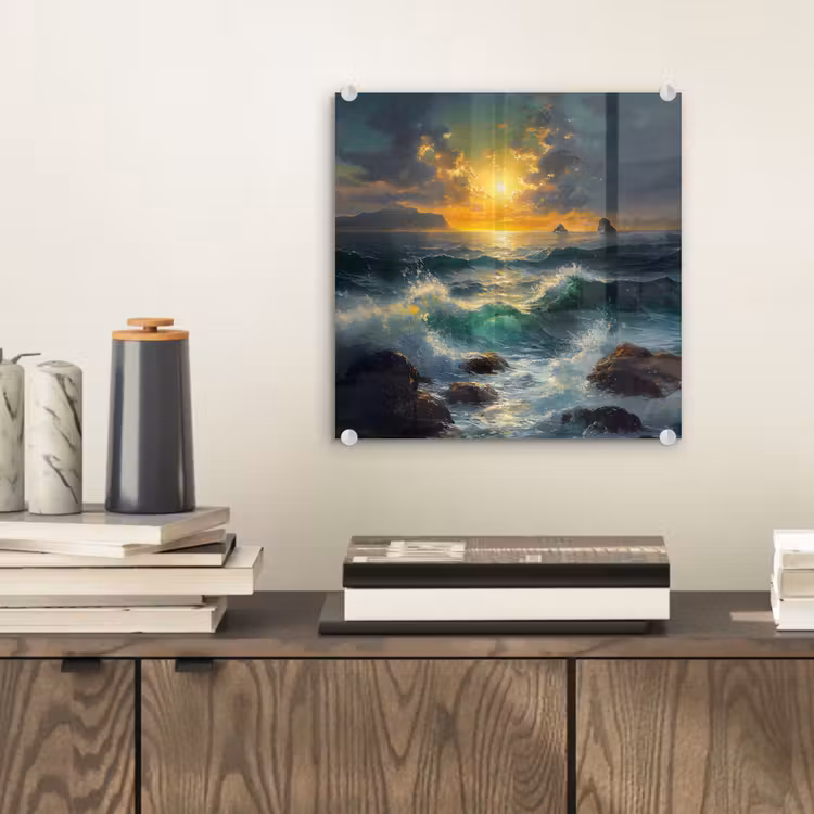 Glas schilderij - Zee - Zon - Golven - Rotsen — 2