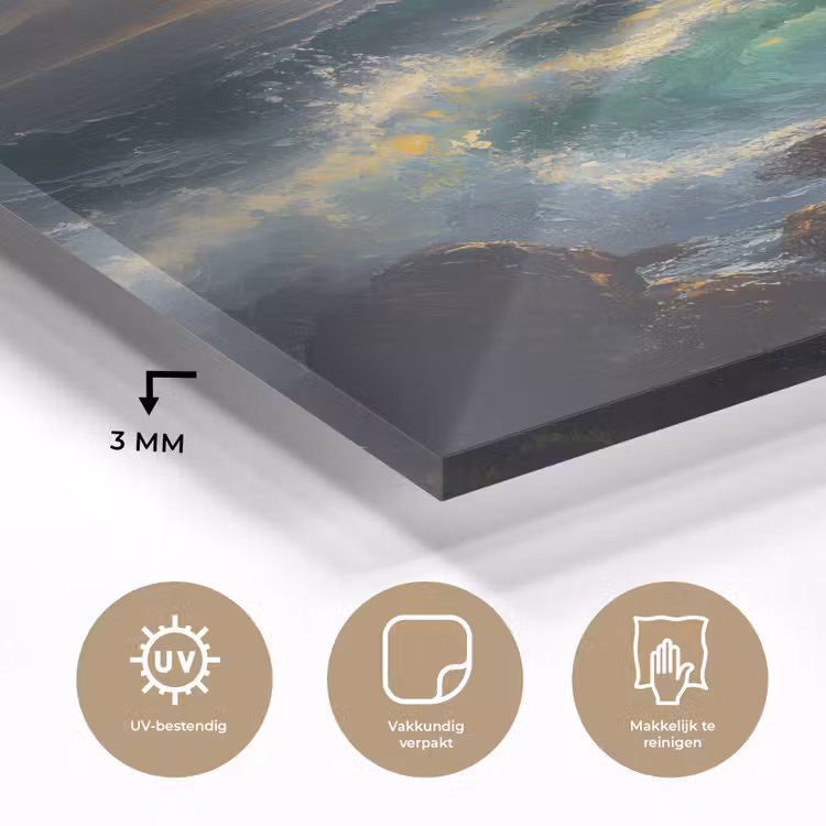 Glas schilderij - Zee - Zon - Golven - Rotsen — 3
