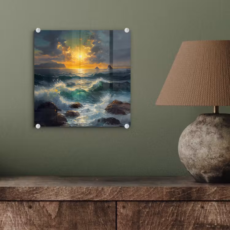 Glas schilderij - Zee - Zon - Golven - Rotsen — 4