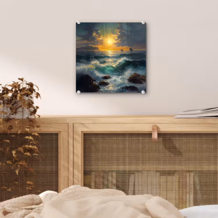 Glas schilderij - Zee - Zon - Golven - Rotsen — 5
