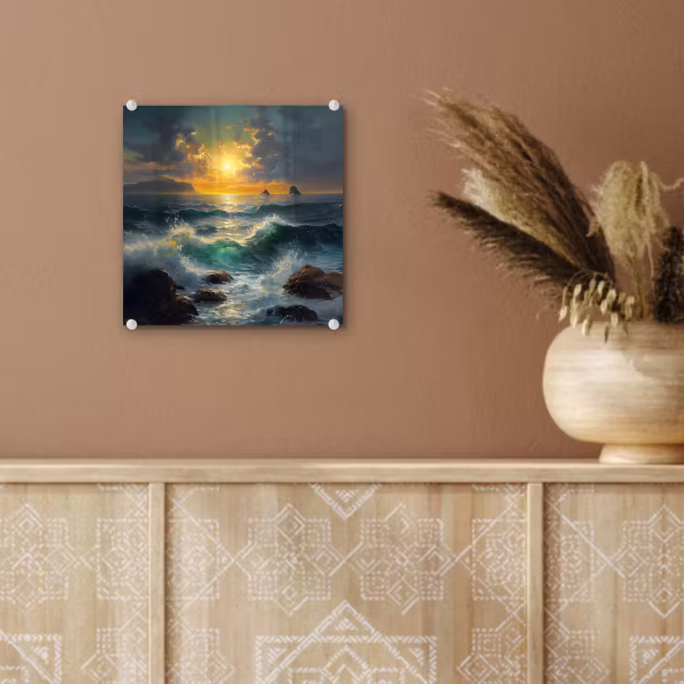 Glas schilderij - Zee - Zon - Golven - Rotsen — 6