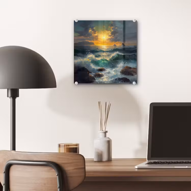Glas schilderij - Zee - Zon - Golven - Rotsen — 7