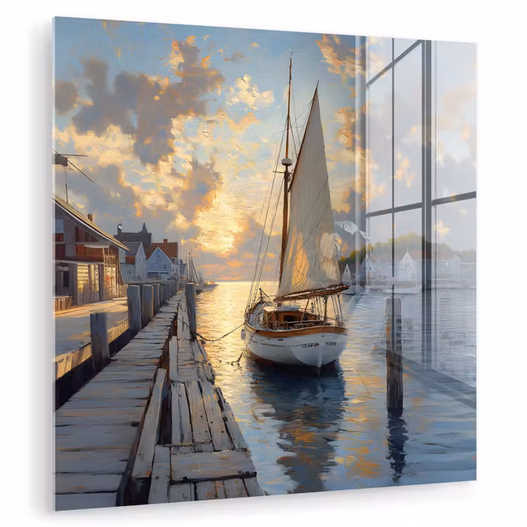 Glas schilderij - Zeilboot - Zon - Pier - Hout — 1