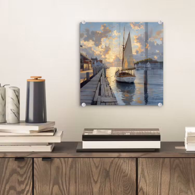 Glas schilderij - Zeilboot - Zon - Pier - Hout — 2