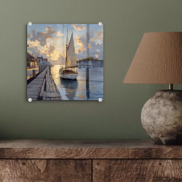 Glas schilderij - Zeilboot - Zon - Pier - Hout — 4