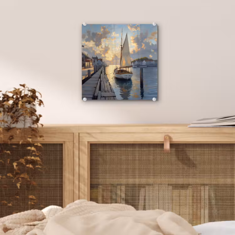 Glas schilderij - Zeilboot - Zon - Pier - Hout — 5