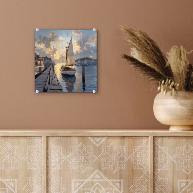 Glas schilderij - Zeilboot - Zon - Pier - Hout — 6