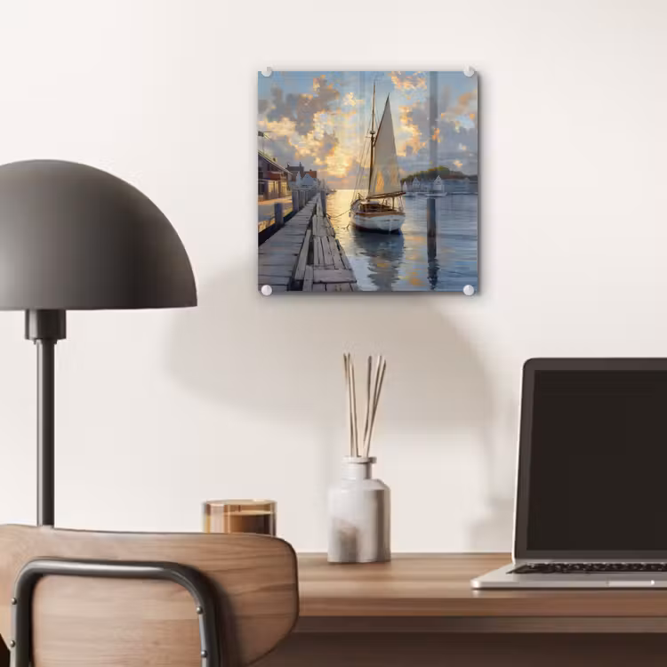 Glas schilderij - Zeilboot - Zon - Pier - Hout — 7