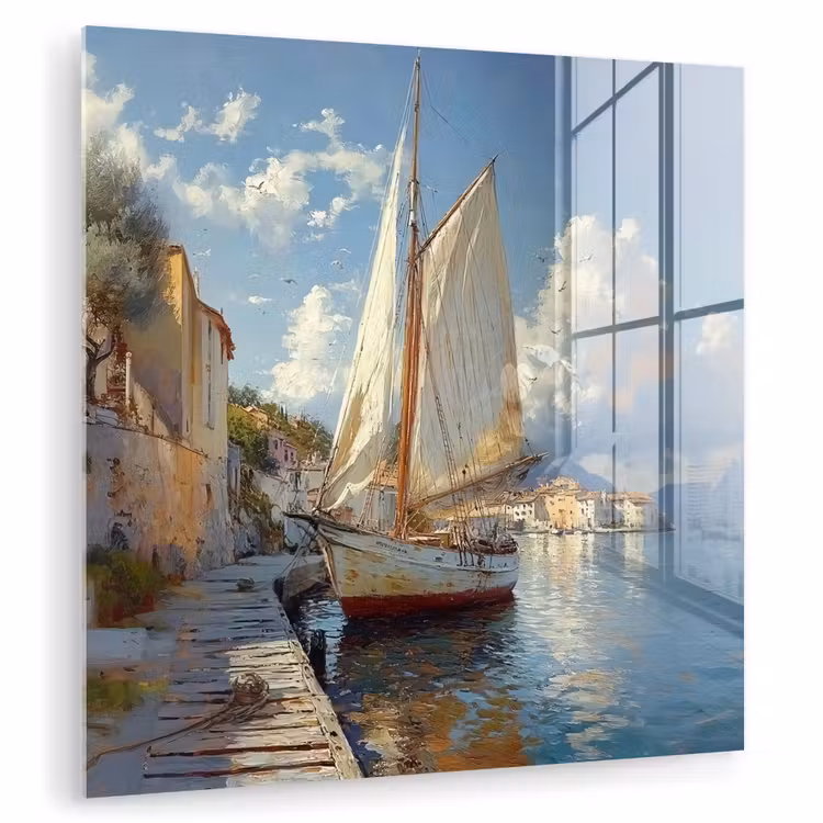 Glas schilderij - Zeilschip - Huizen - Kade - Zee — 1