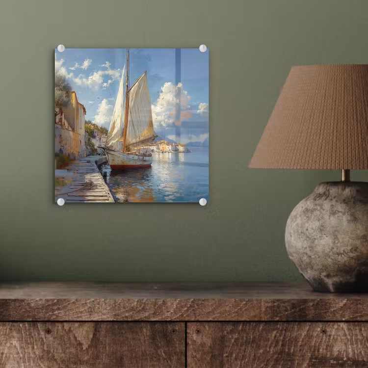Glas schilderij - Zeilschip - Huizen - Kade - Zee — 4