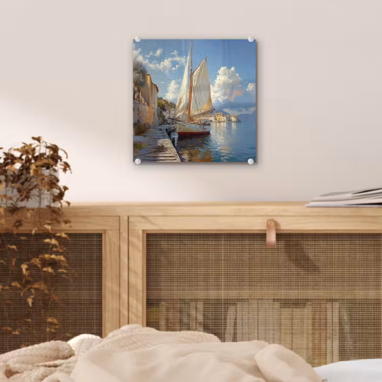 Glas schilderij - Zeilschip - Huizen - Kade - Zee — 5