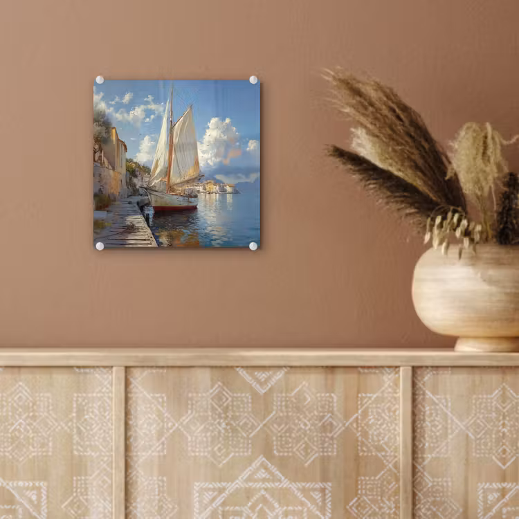 Glas schilderij - Zeilschip - Huizen - Kade - Zee — 6