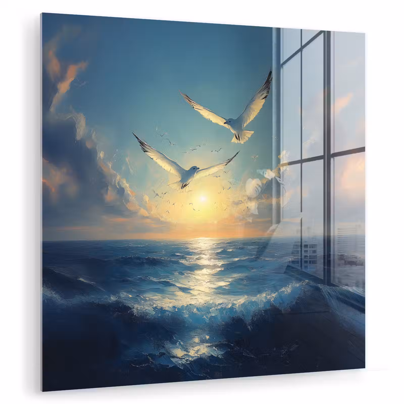 Glas schilderij - Meeuwen - Zee - Wolken -Blauw — 1