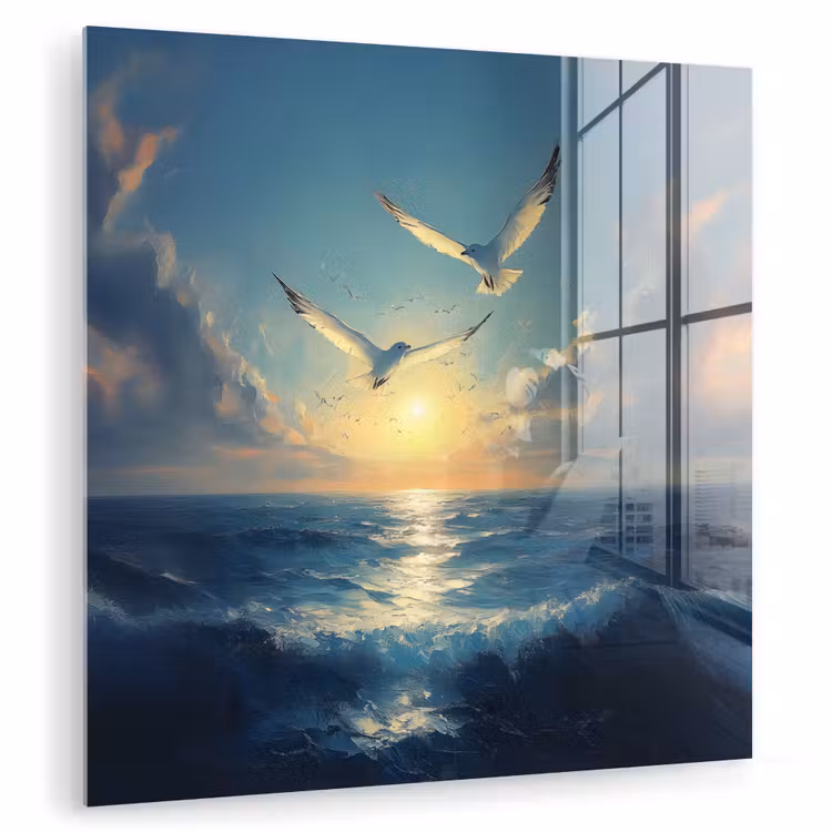 Glas schilderij - Meeuwen - Zee - Wolken -Blauw — 1