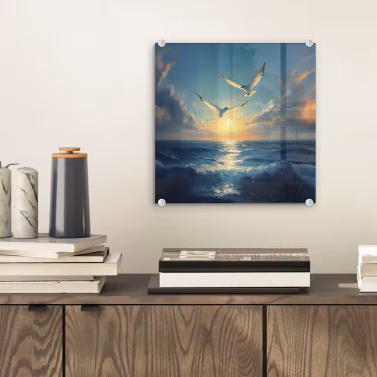 Glas schilderij - Meeuwen - Zee - Wolken -Blauw — 2