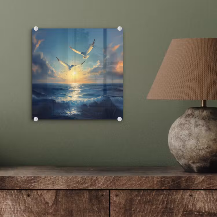 Glas schilderij - Meeuwen - Zee - Wolken -Blauw — 4