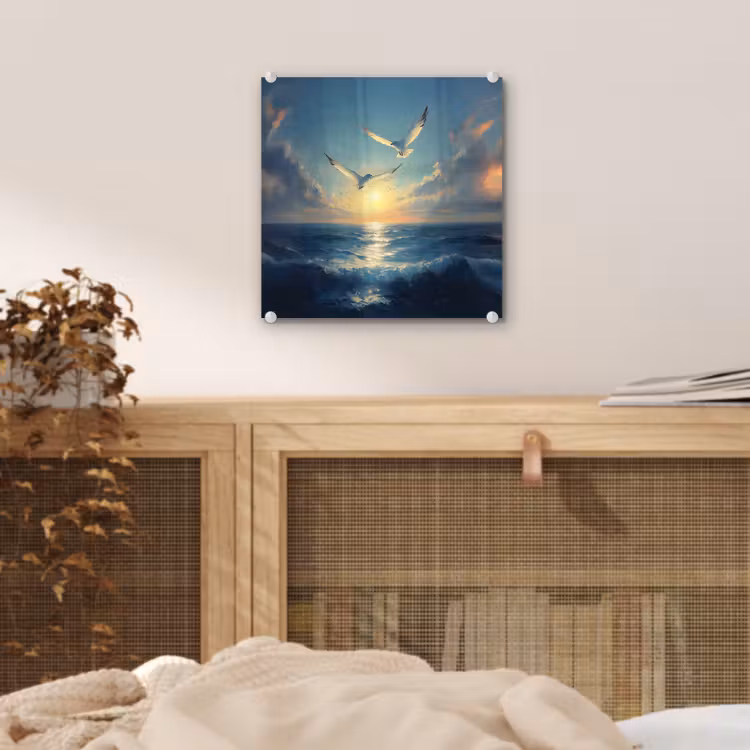 Glas schilderij - Meeuwen - Zee - Wolken -Blauw — 5