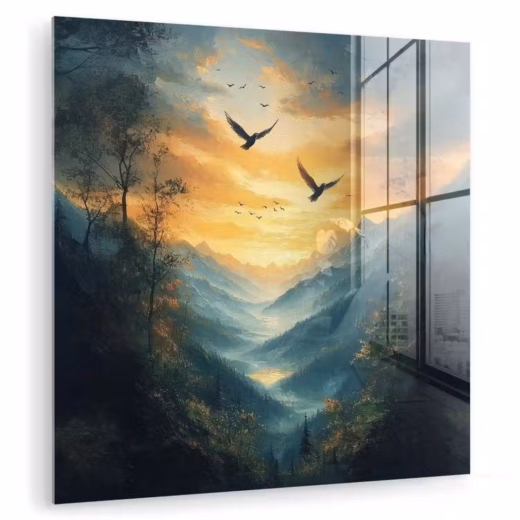 Glas schilderij - Vogels - Zon - Bomen - Groen — 1