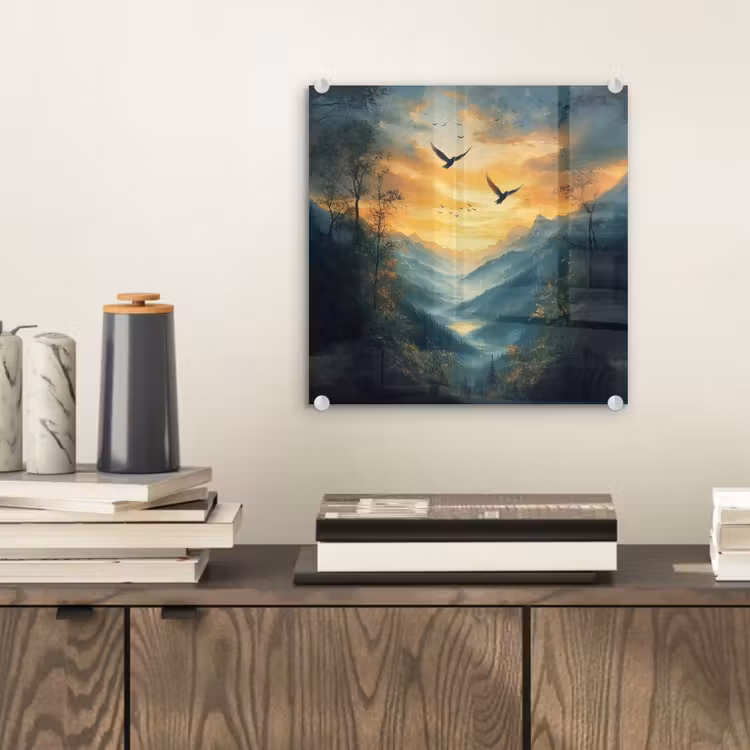 Glas schilderij - Vogels - Zon - Bomen - Groen — 2