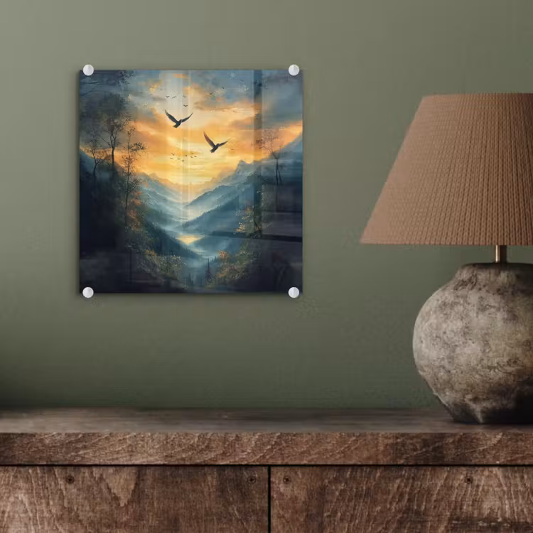 Glas schilderij - Vogels - Zon - Bomen - Groen — 4