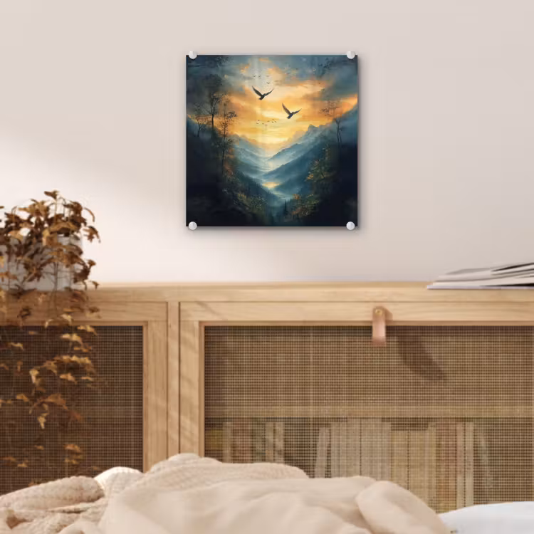 Glas schilderij - Vogels - Zon - Bomen - Groen — 5