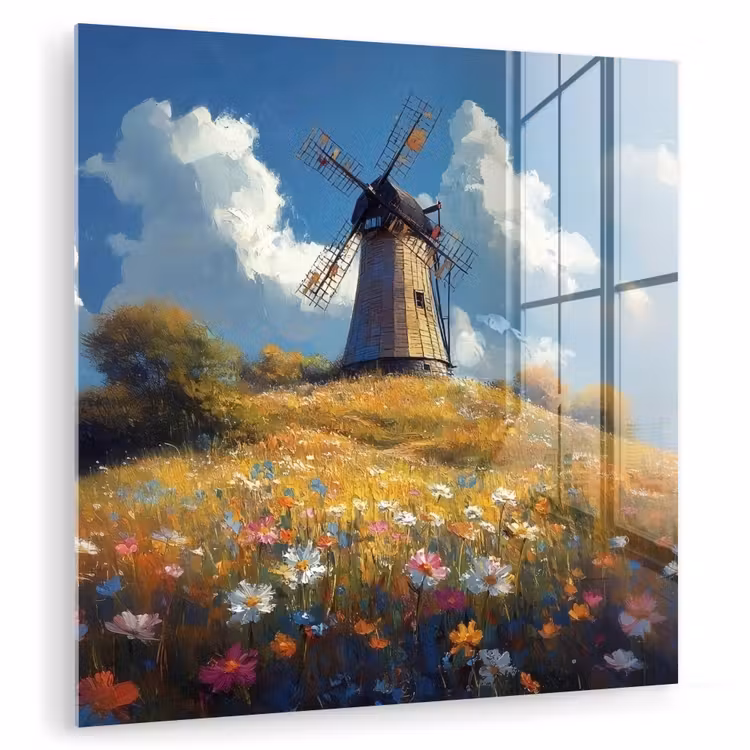 Glas schilderij - Windmolen - Heuvel - Bloemen - Kleurrijk — 1