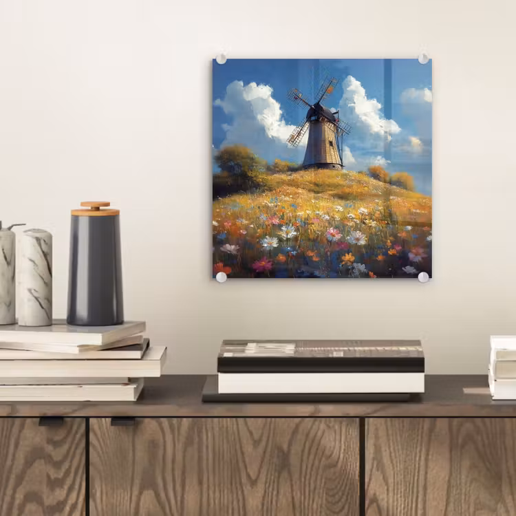 Glas schilderij - Windmolen - Heuvel - Bloemen - Kleurrijk — 2
