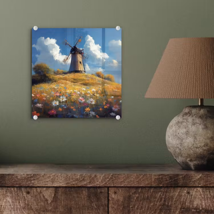Glas schilderij - Windmolen - Heuvel - Bloemen - Kleurrijk — 4