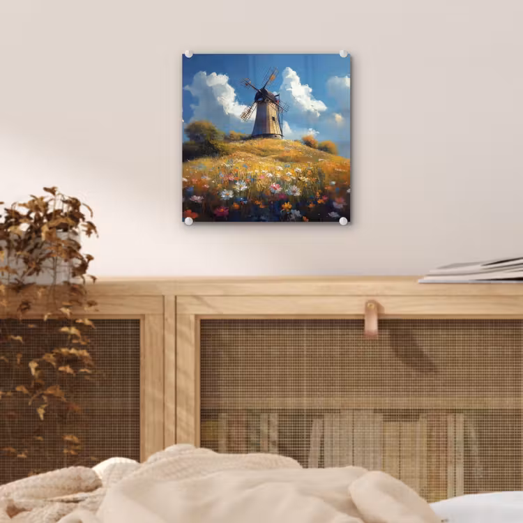 Glas schilderij - Windmolen - Heuvel - Bloemen - Kleurrijk — 5