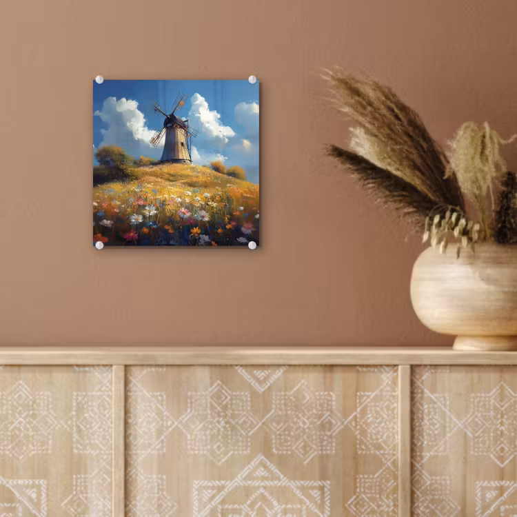 Glas schilderij - Windmolen - Heuvel - Bloemen - Kleurrijk — 6