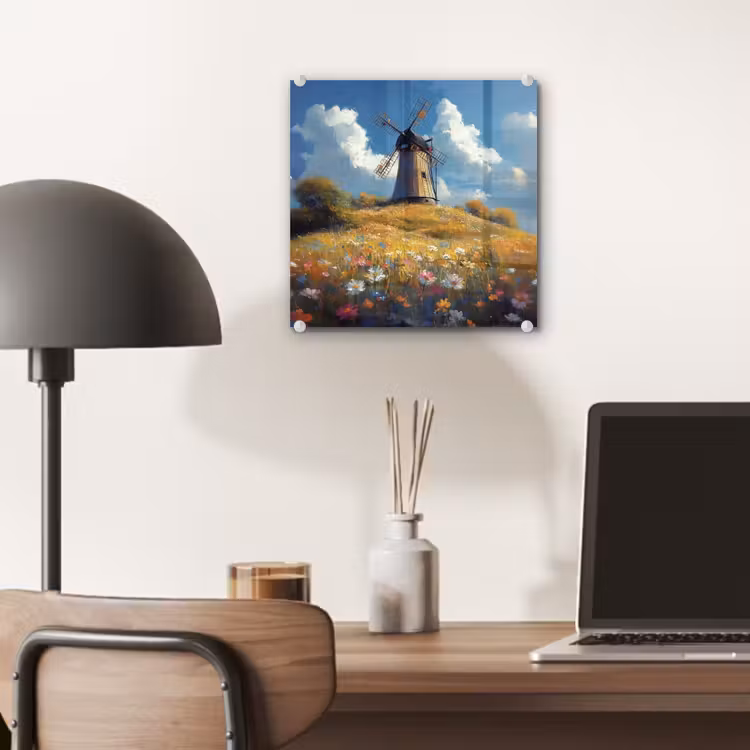 Glas schilderij - Windmolen - Heuvel - Bloemen - Kleurrijk — 7
