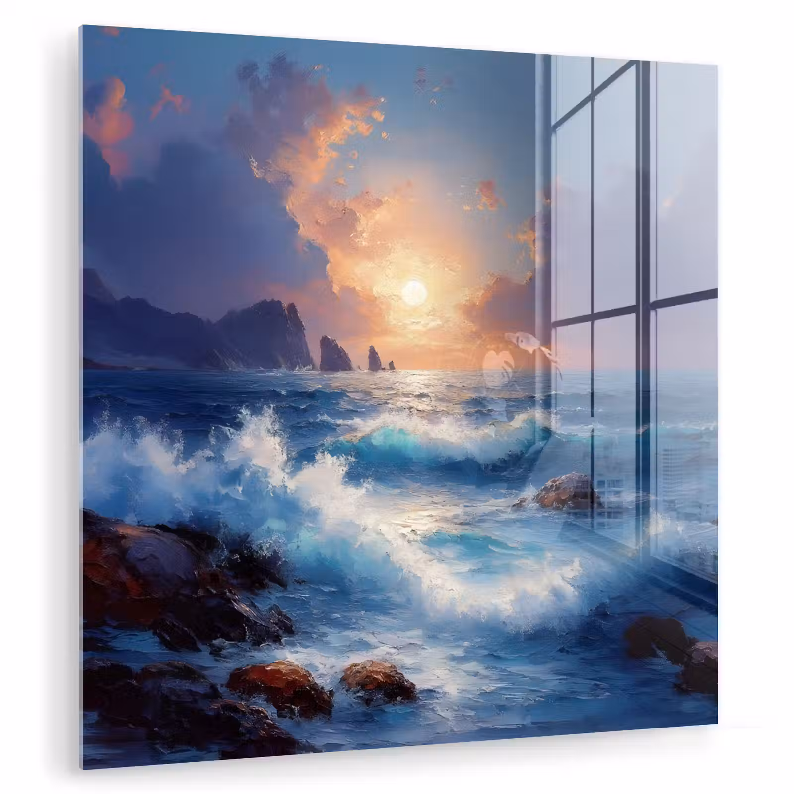 Glas schilderij - Golven - Zee - Kleurrijk - Rotsen — 1