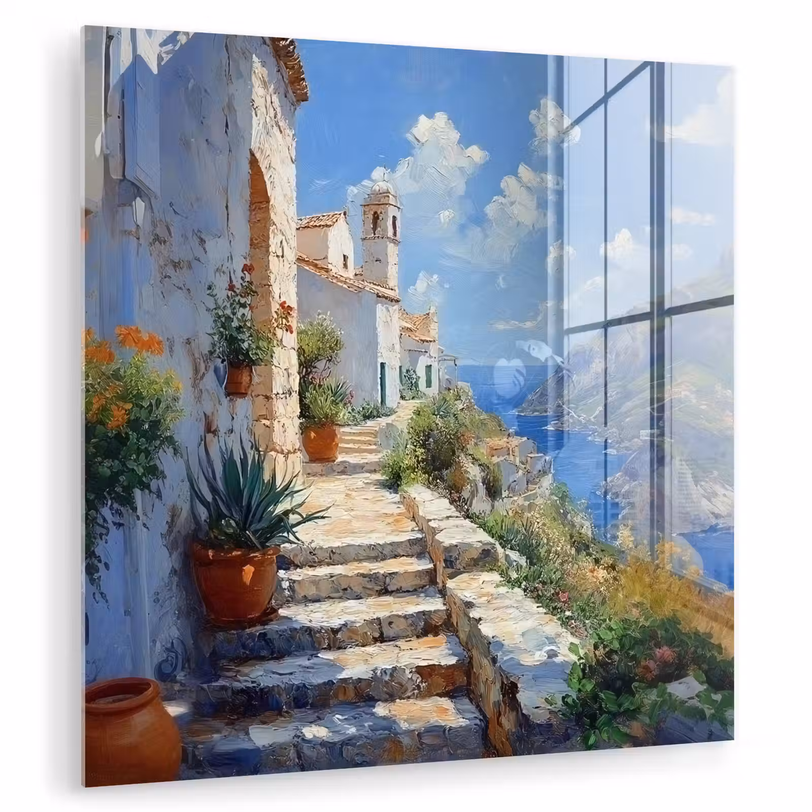 Glas schilderij - Trap - Huizen - Berglandschap - Zee — 1