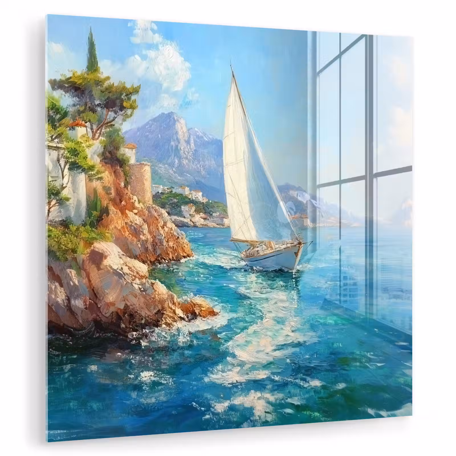 Glas schilderij - Zeilboot - Rotsen - Kust - Huizen — 1