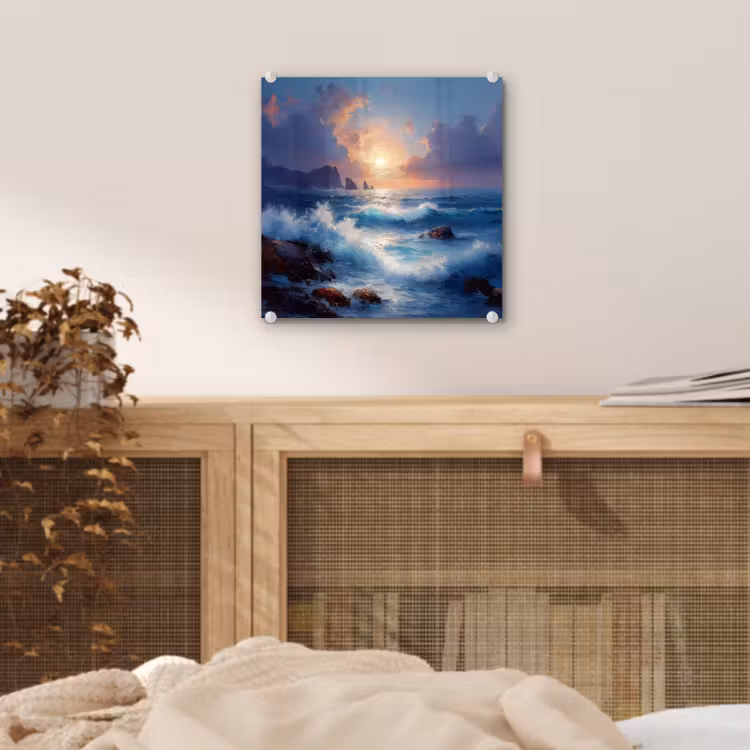 Glas schilderij - Golven - Zee - Kleurrijk - Rotsen — 5