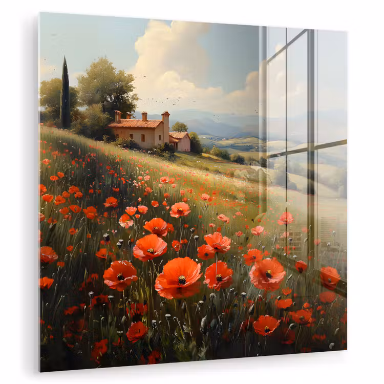Glas schilderij - Klaprozen - Rood - Heuvels - Landschap — 1